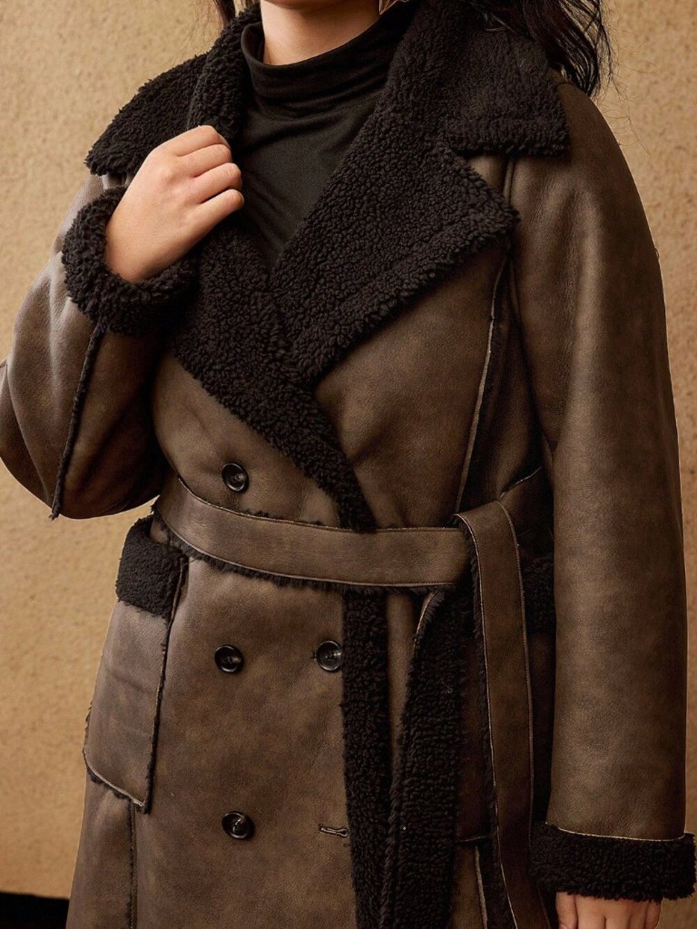 Coffee Brown Women's Christmas Faux Fur Trim Waist Belt Coat